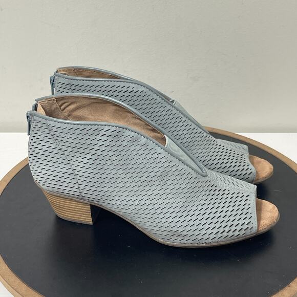 Earth Origins Carmen Heeled Sandals Sz 10 Light Blue Peep Toe Leather Zip Bootie - Picture 1 of 15